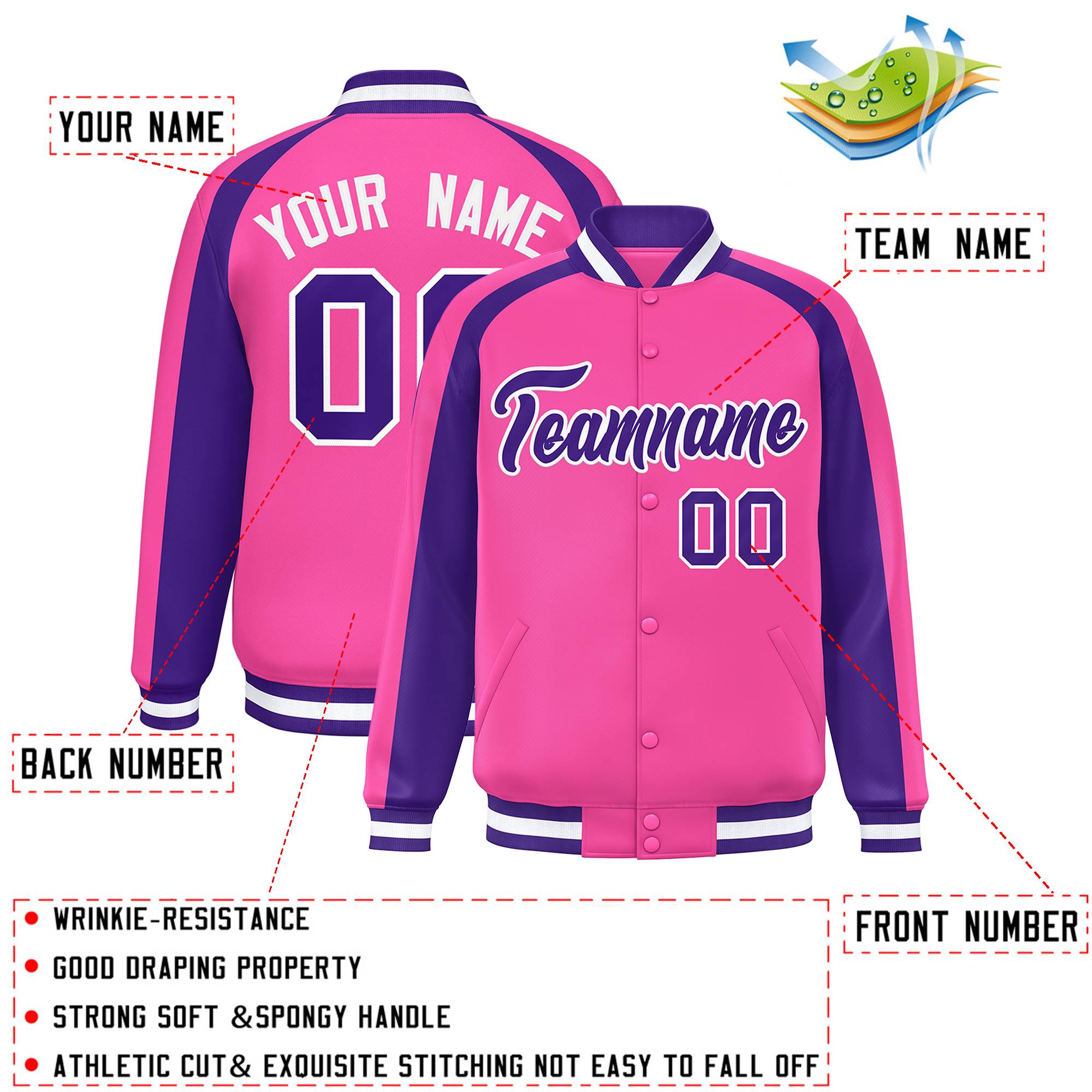 Custom Pink Purple Varsity Full-Snap Color Block Personalized Raglan Sleeves Letterman Jacket