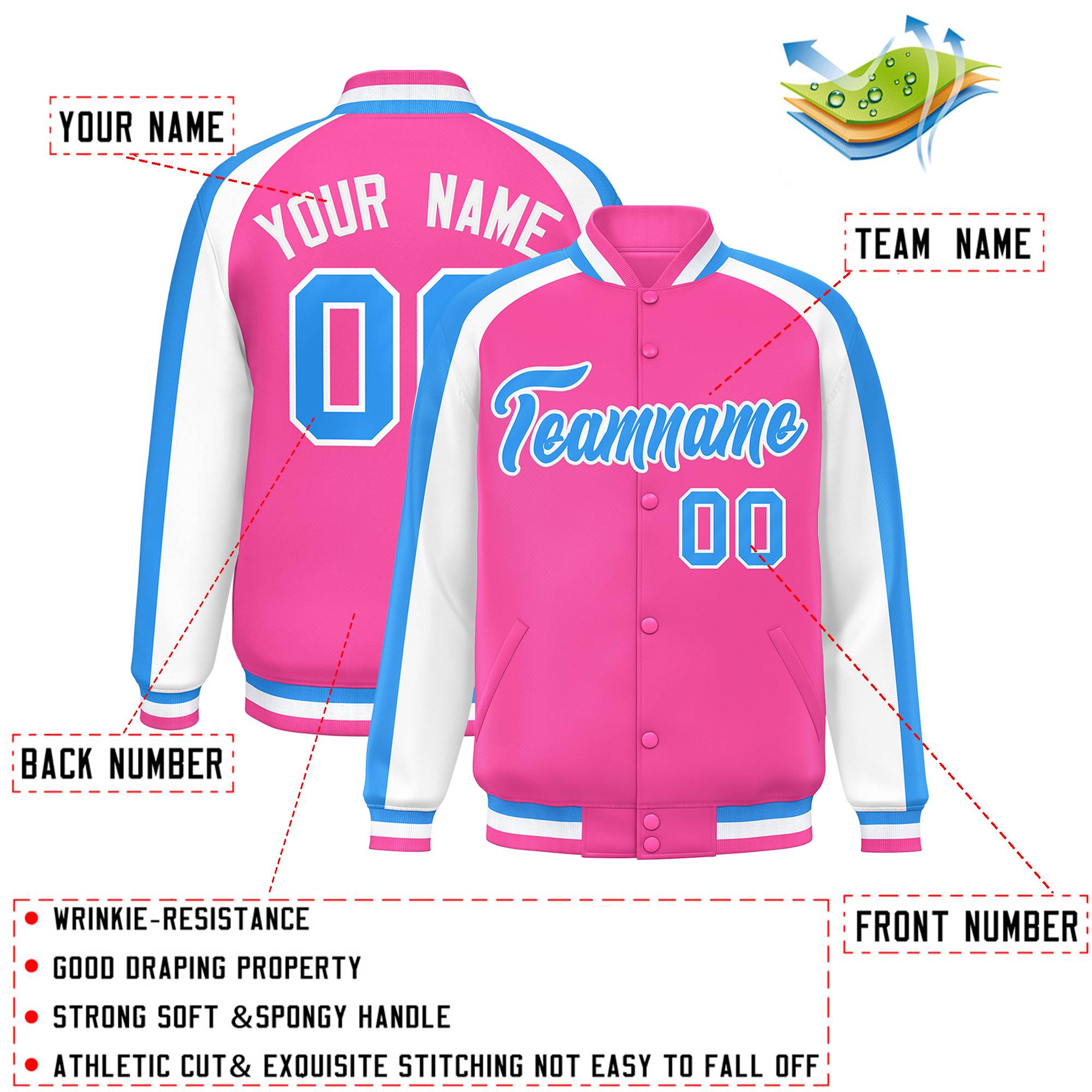 Custom Pink White Varsity Full-Snap Color Block Personalized Raglan Sleeves Letterman Jacket