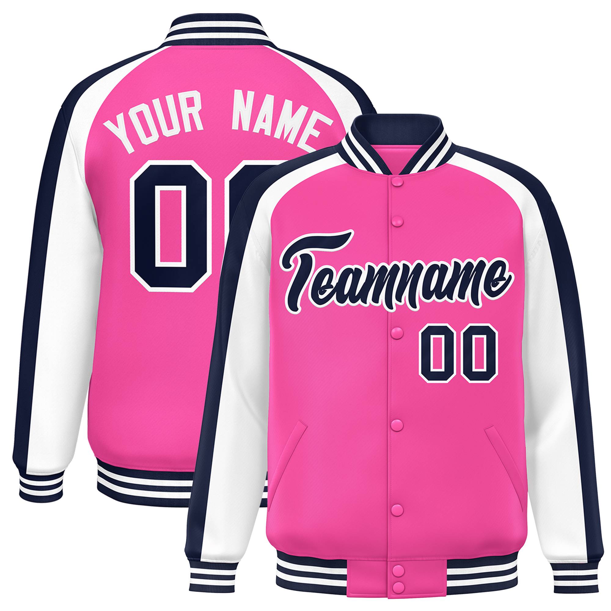 Custom Pink White Varsity Full-Snap Color Block Personalized Raglan Sleeves Letterman Jacket