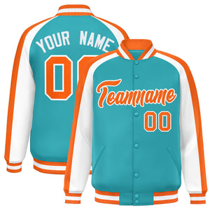 Custom Aqua White Varsity Full-Snap Color Block Personalized Raglan Sleeves Letterman Jacket