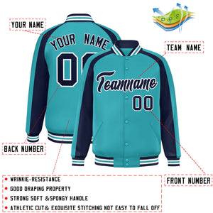 Custom Aqua Navy Varsity Full-Snap Color Block Personalized Raglan Sleeves Letterman Jacket