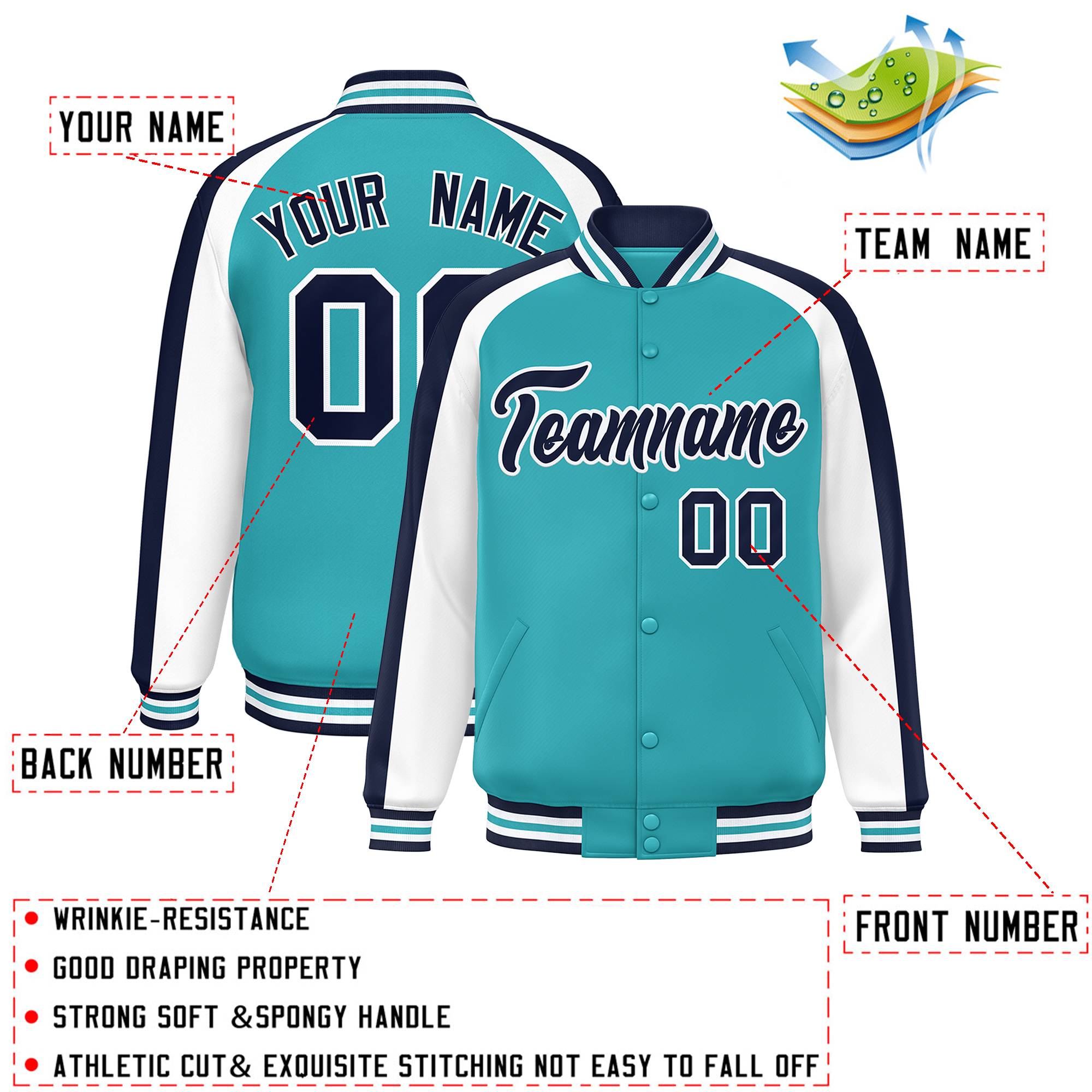 Custom Aqua White Varsity Full-Snap Color Block Personalized Raglan Sleeves Letterman Jacket