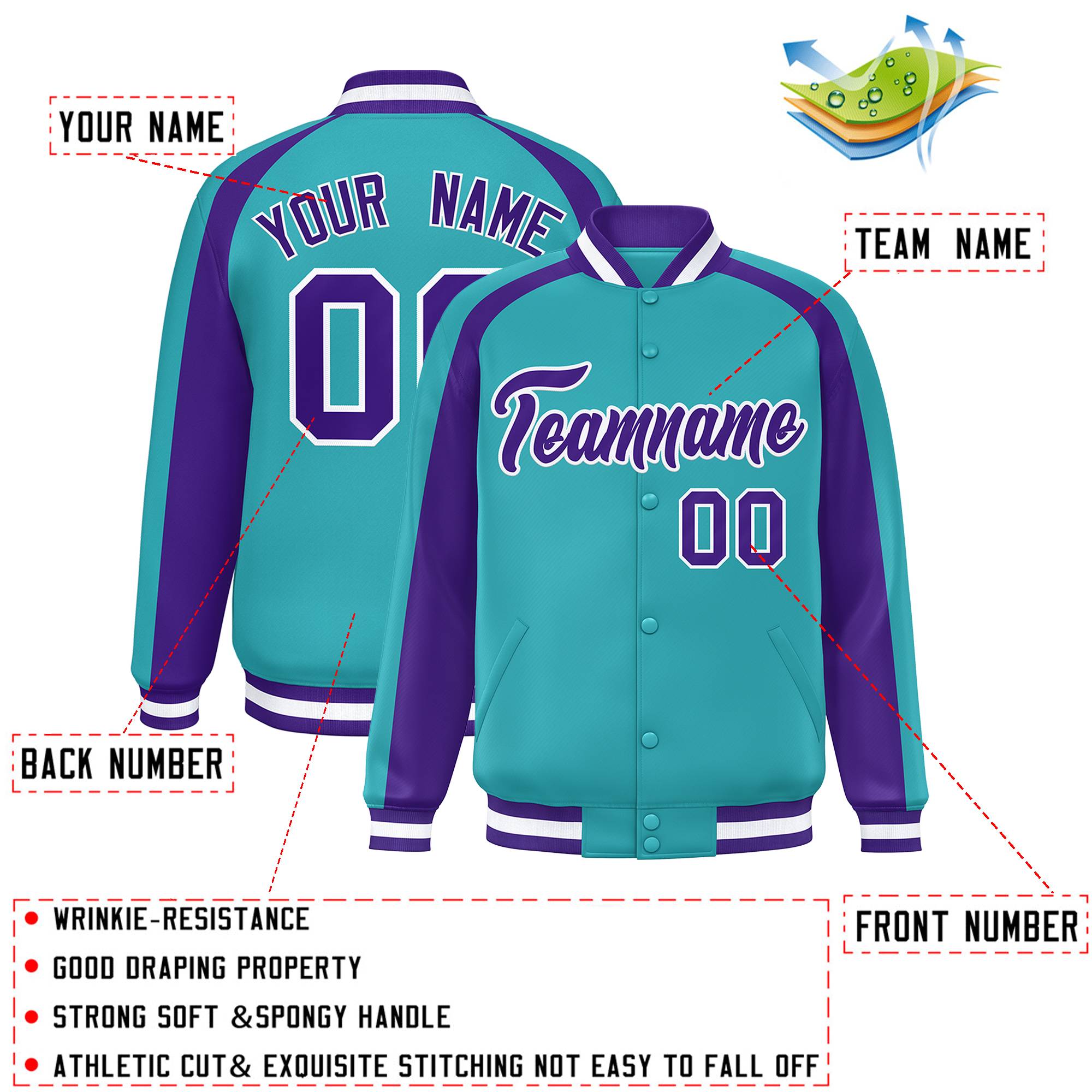 Custom Aqua Purple Varsity Full-Snap Color Block Personalized Raglan Sleeves Letterman Jacket