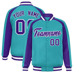 Custom Aqua Purple Varsity Full-Snap Color Block Personalized Raglan Sleeves Letterman Jacket