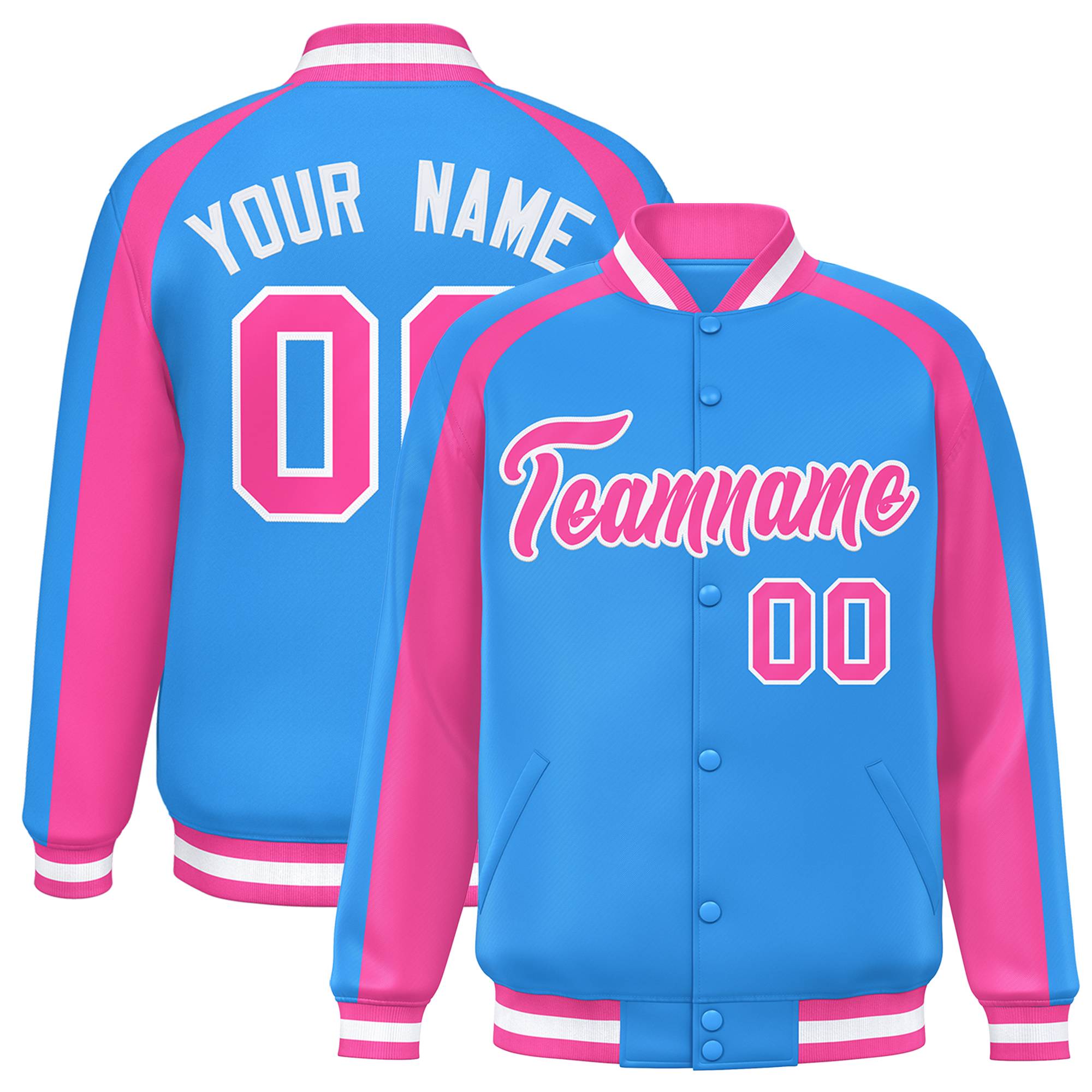 Custom Powder Blue Pink Varsity Full-Snap Color Block Personalized Raglan Sleeves Letterman Jacket