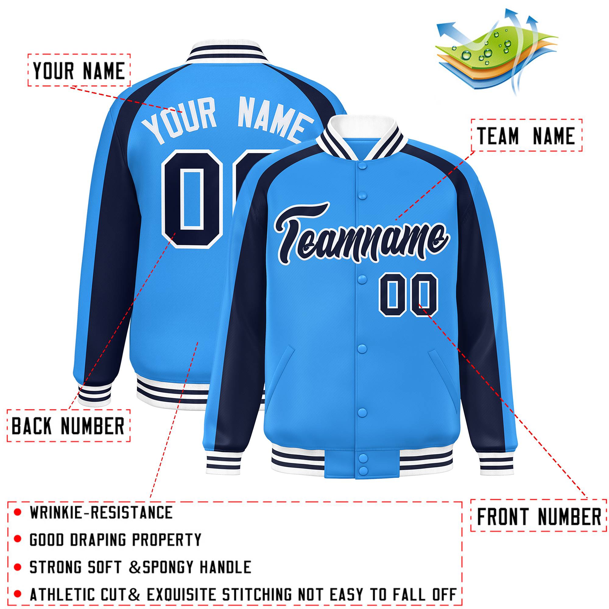 Custom Powder Blue Navy Varsity Full-Snap Color Block Personalized Raglan Sleeves Letterman Jacket