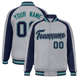 Custom Gray Navy Varsity Full-Snap Color Block Personalized Raglan Sleeves Letterman Jacket