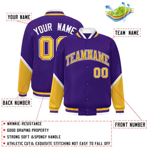 Custom Purple Gold Varsity Full-Snap Color Block Letterman Baseball Jacket