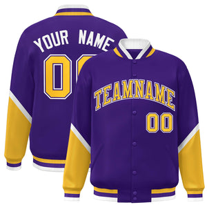 Custom Purple Gold Varsity Full-Snap Color Block Letterman Baseball Jacket