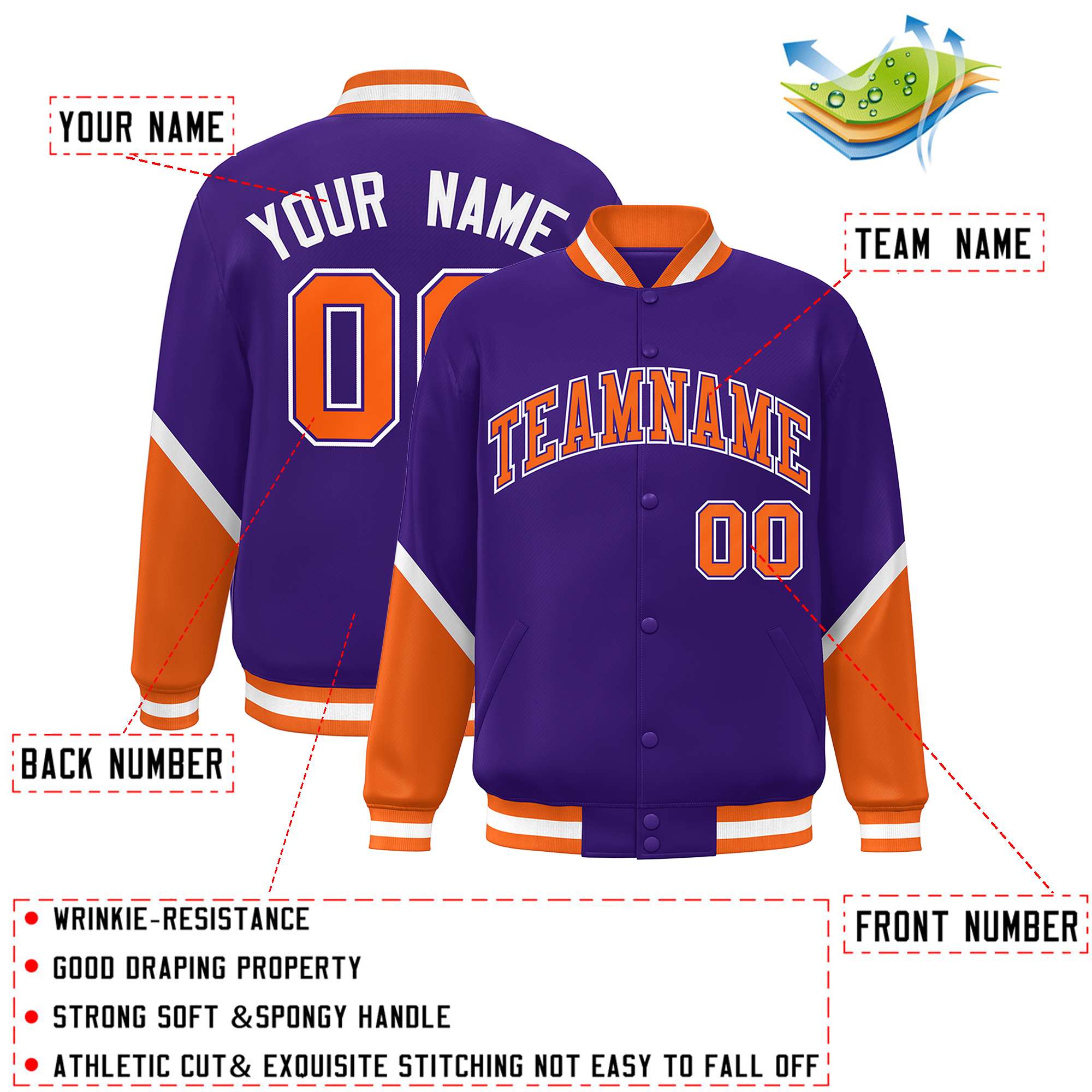 Custom Purple Orange Varsity Full-Snap Color Block Letterman Baseball Jacket