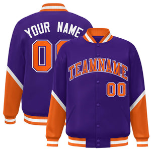 Custom Purple Orange Varsity Full-Snap Color Block Letterman Baseball Jacket