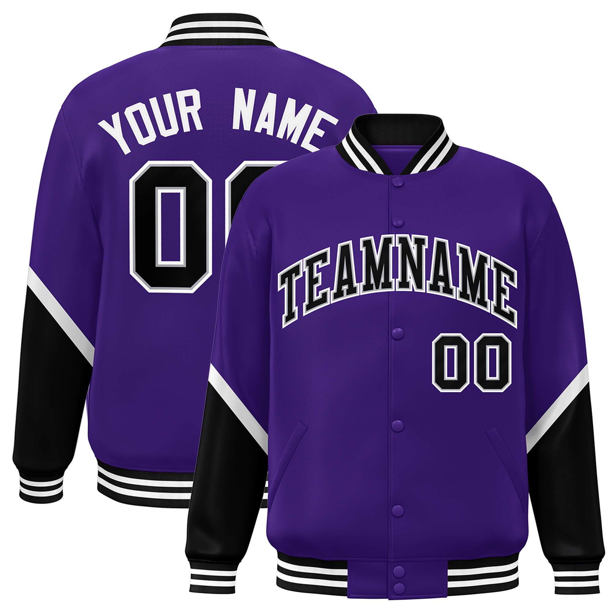 Custom Purple Black Varsity Full-Snap Color Block Letterman Baseball Jacket