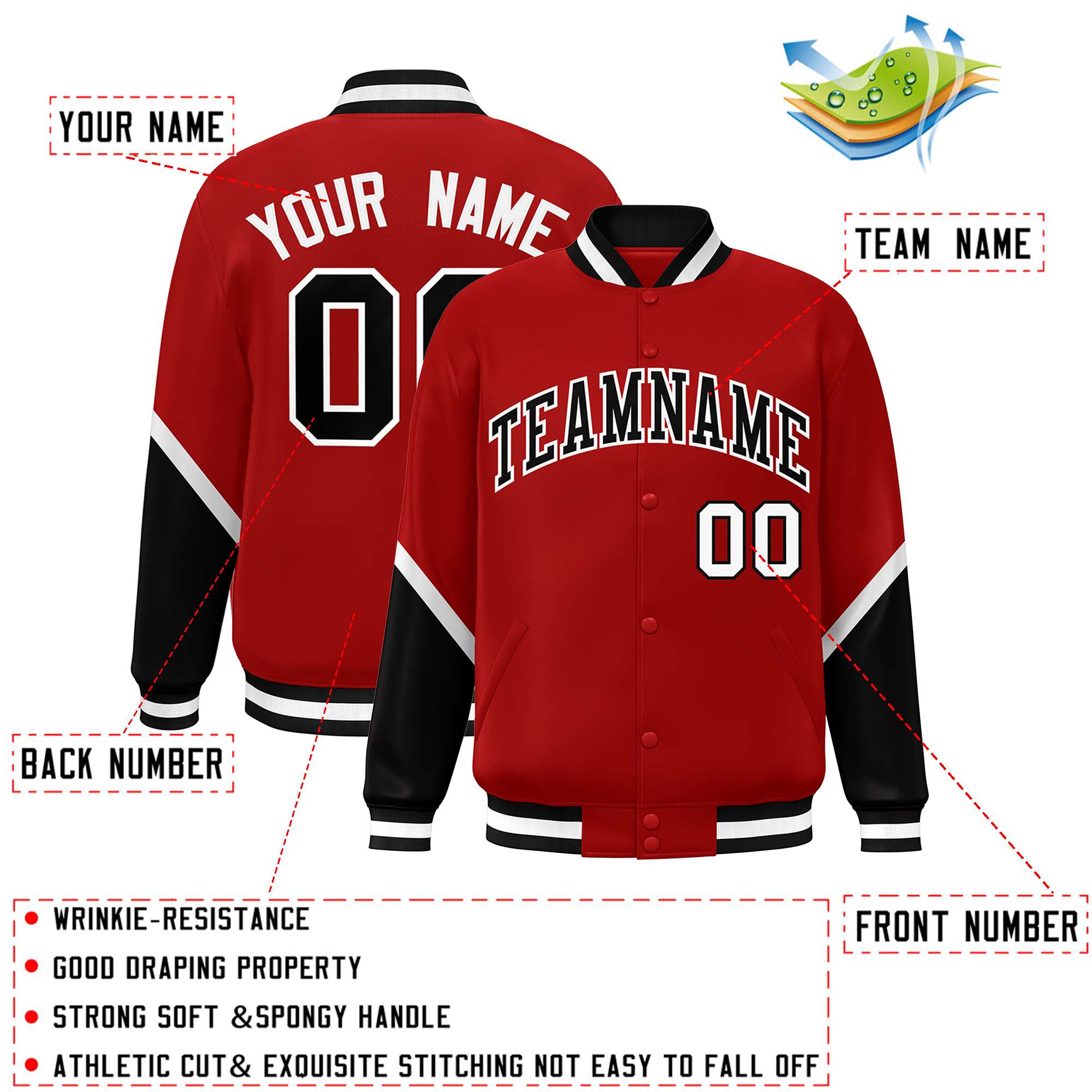 Custom Red Black Varsity Full-Snap Color Block Letterman Baseball Jacket