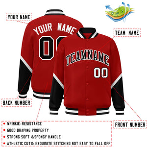 Custom Red Black Varsity Full-Snap Color Block Letterman Baseball Jacket