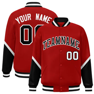 Custom Red Black Varsity Full-Snap Color Block Letterman Baseball Jacket