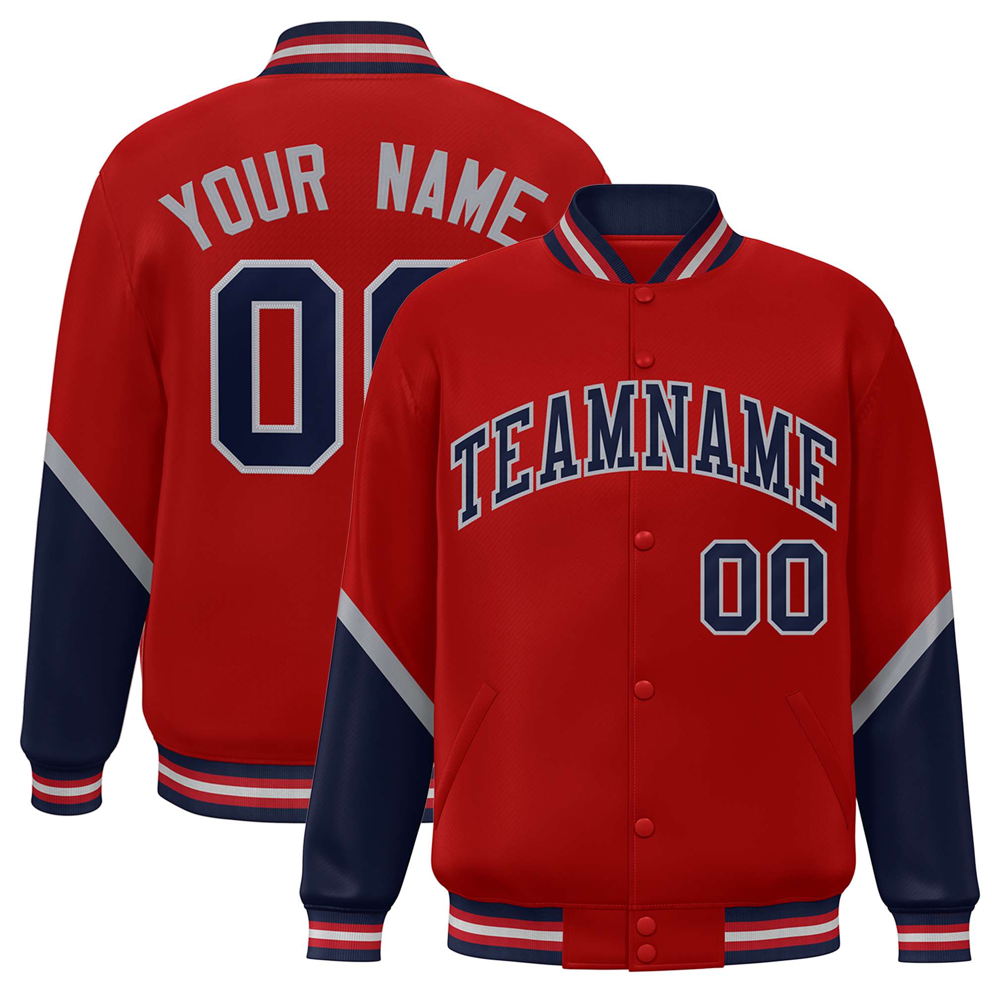 Custom Red Navy Varsity Full-Snap Color Block Letterman Baseball Jacket