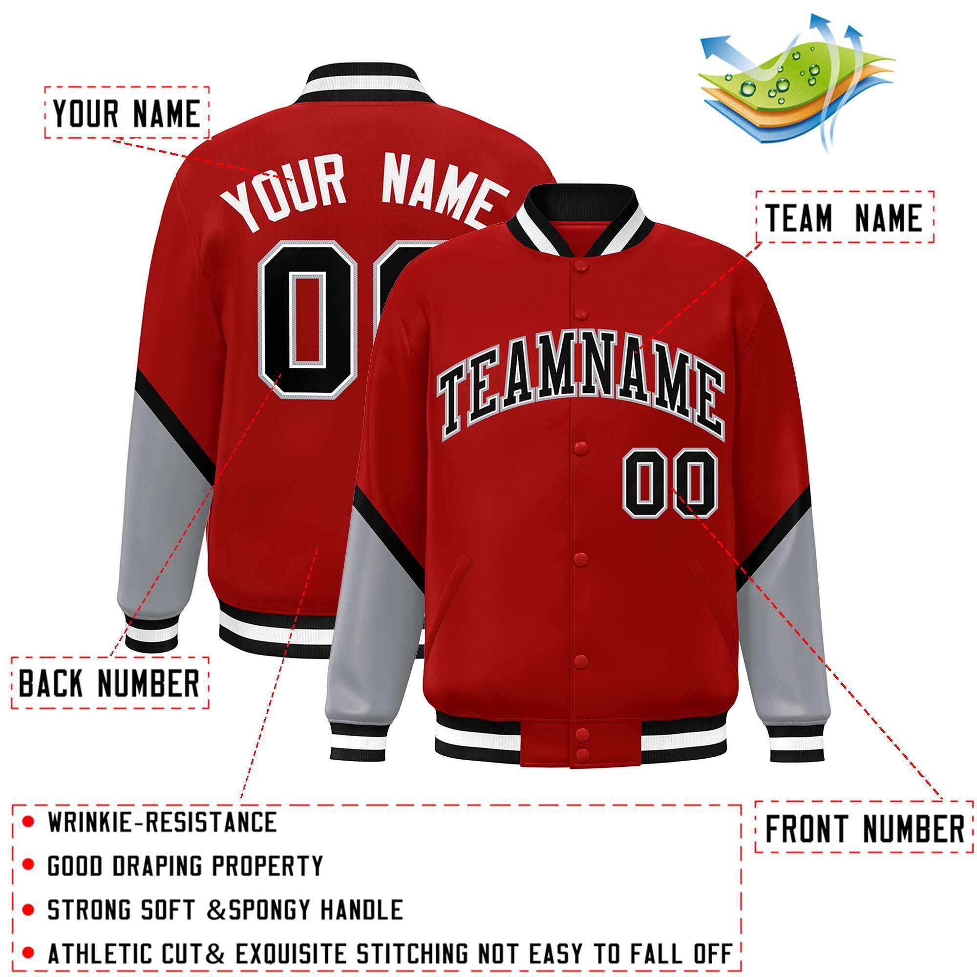 Custom Red Gray Varsity Full-Snap Color Block Letterman Baseball Jacket