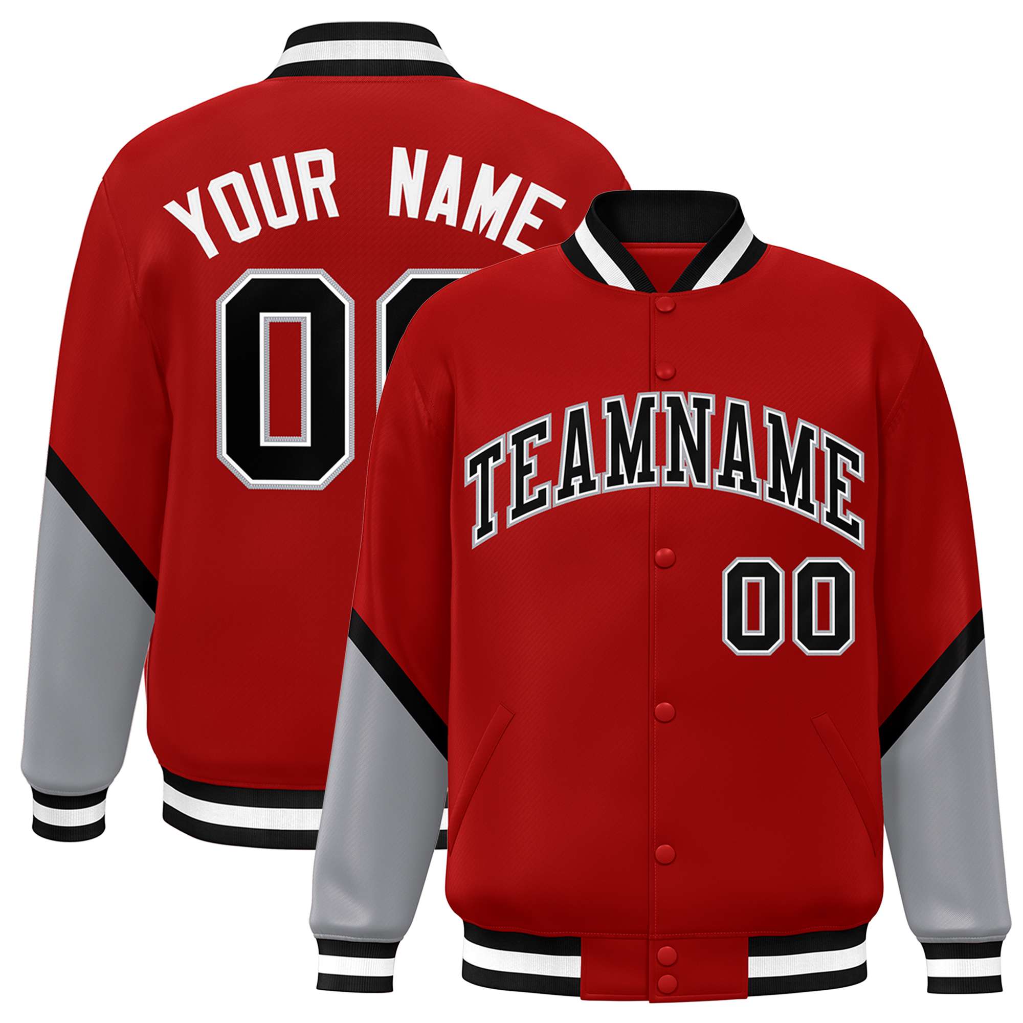 Custom Red Gray Varsity Full-Snap Color Block Letterman Baseball Jacket