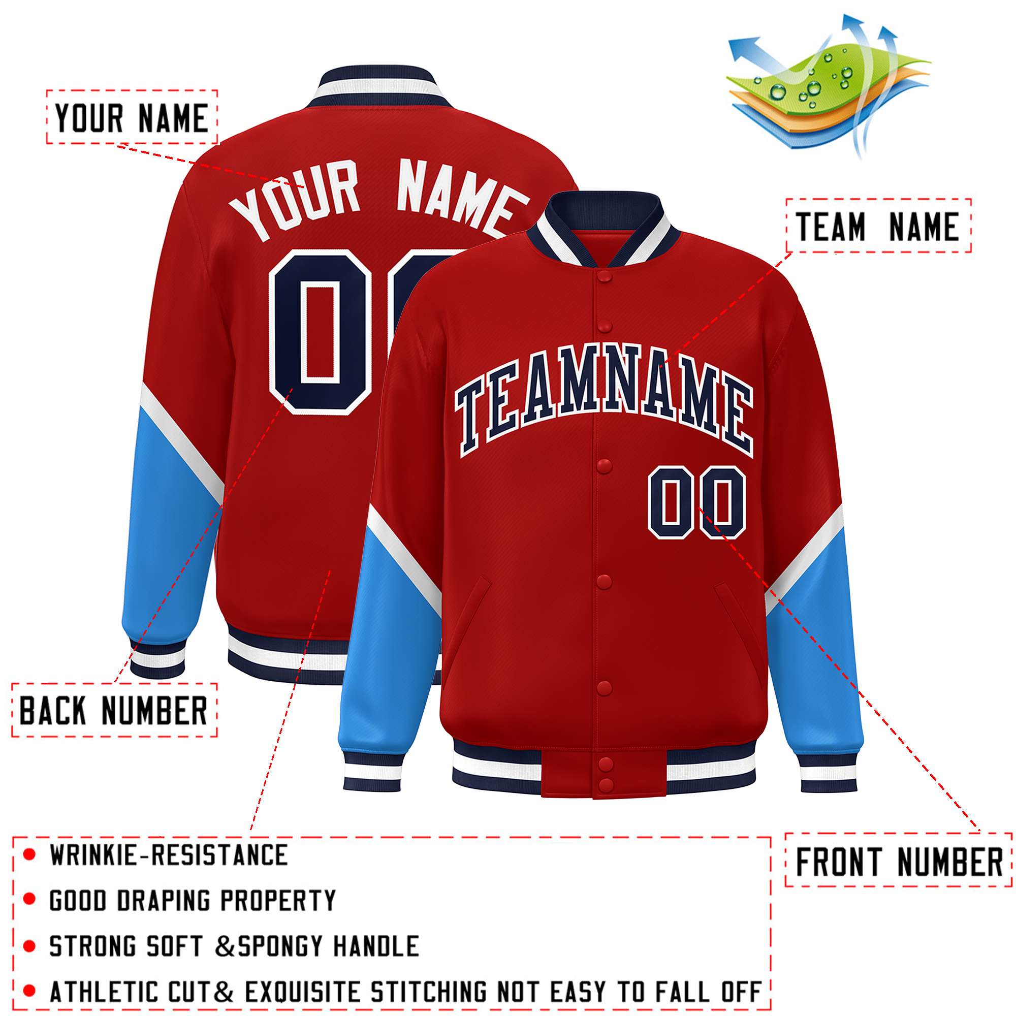 Custom Red Powder Blue Varsity Full-Snap Color Block Letterman Baseball Jacket