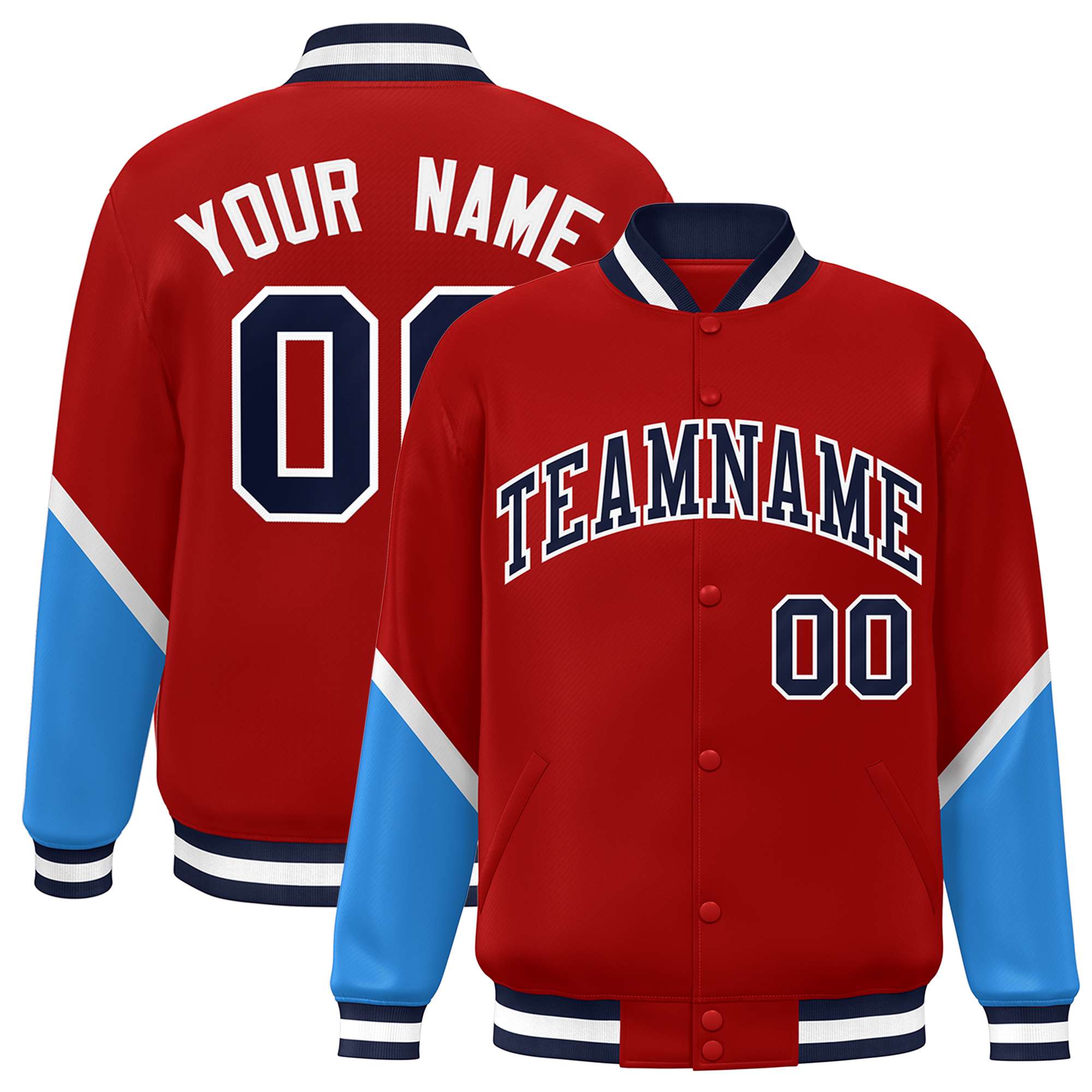 Custom Red Powder Blue Varsity Full-Snap Color Block Letterman Baseball Jacket