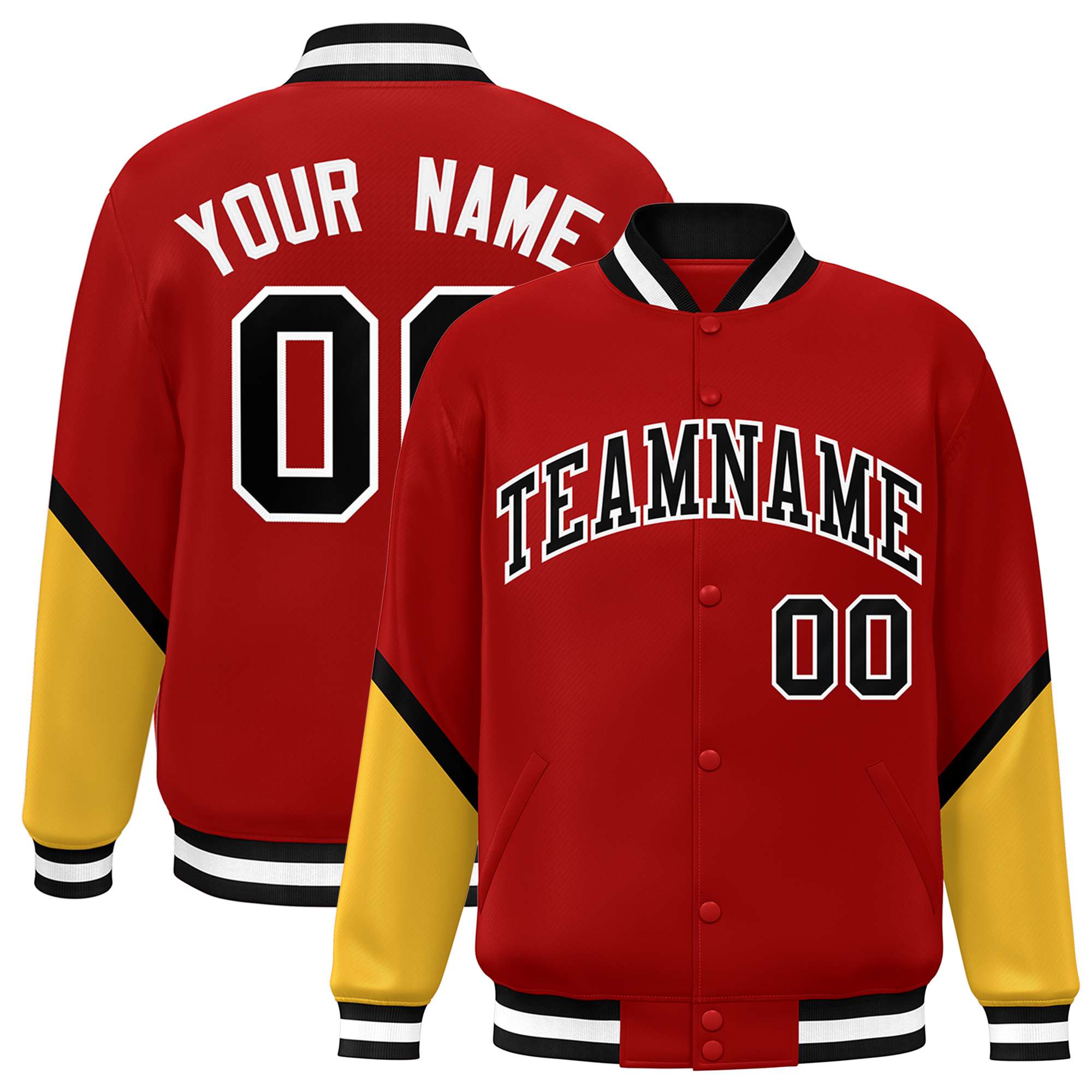 Custom Red Gold Varsity Full-Snap Color Block Letterman Baseball Jacket