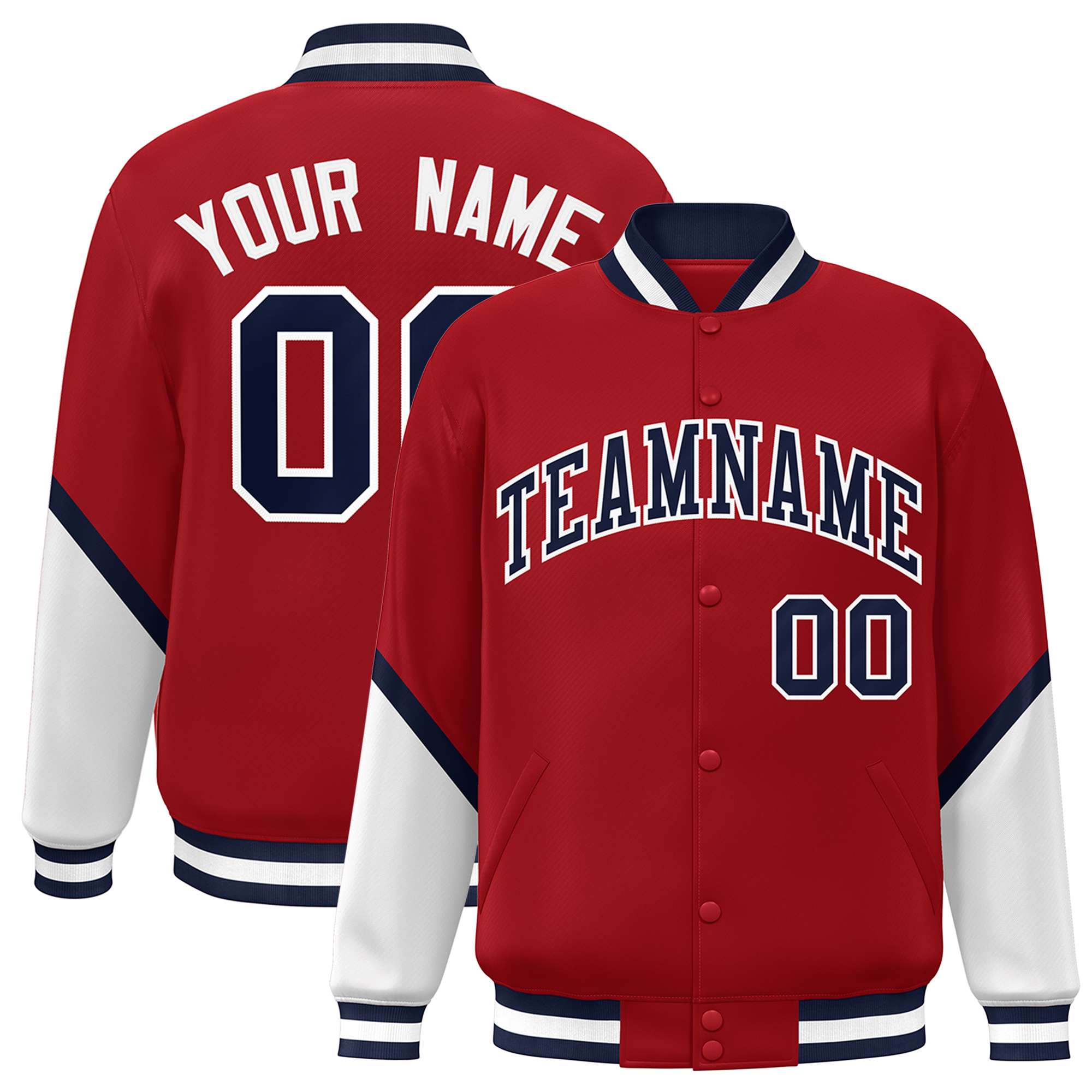 Custom Red White Varsity Full-Snap Color Block Letterman Baseball Jacket