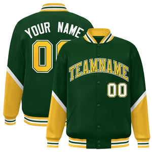 Custom Green Gold Varsity Full-Snap Color Block Letterman Baseball Jacket