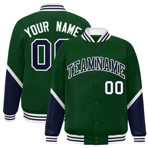 Custom Green Navy Varsity Full-Snap Color Block Letterman Baseball Jacket