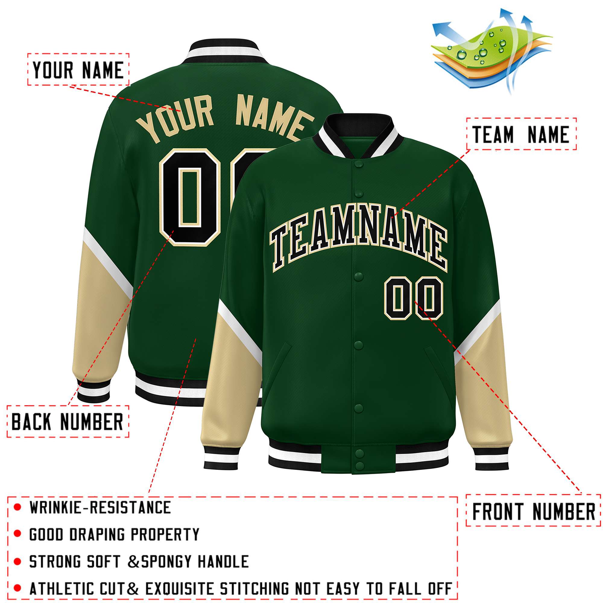 Custom Green Khaki Varsity Full-Snap Color Block Letterman Baseball Jacket