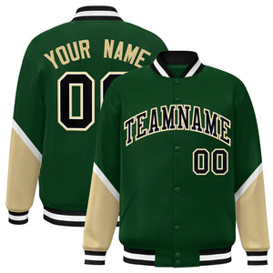 Custom Green Khaki Varsity Full-Snap Color Block Letterman Baseball Jacket