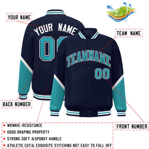 Custom Navy Aqua Varsity Full-Snap Color Block Letterman Baseball Jacket