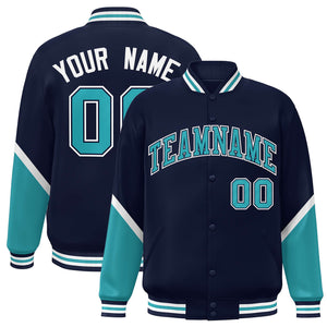 Custom Navy Aqua Varsity Full-Snap Color Block Letterman Baseball Jacket