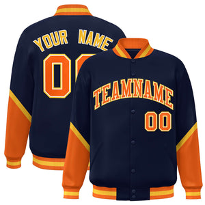 Custom Navy Orange Varsity Full-Snap Color Block Letterman Baseball Jacket