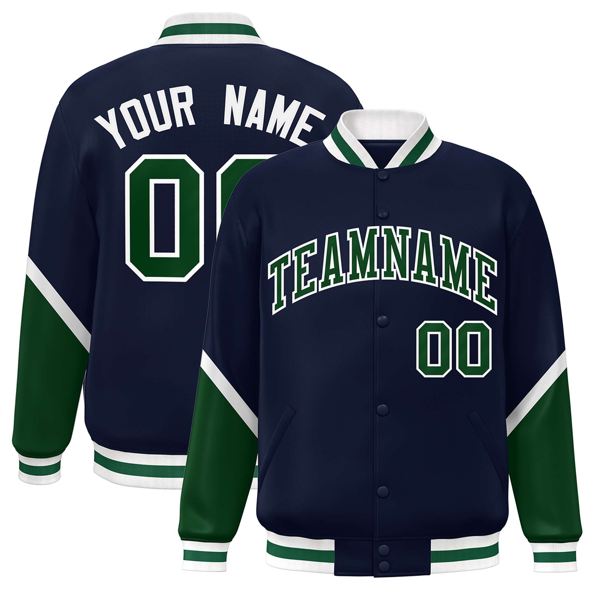 Custom Navy Green Varsity Full-Snap Color Block Letterman Baseball Jacket