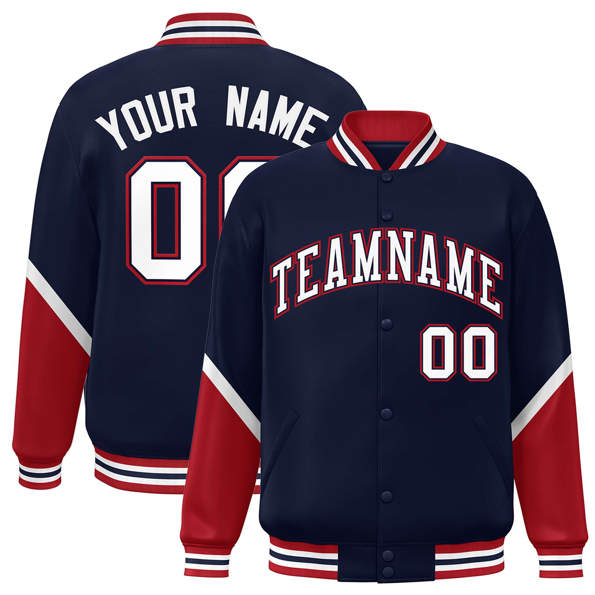 Custom Navy Red Varsity Full-Snap Color Block Letterman Baseball Jacket