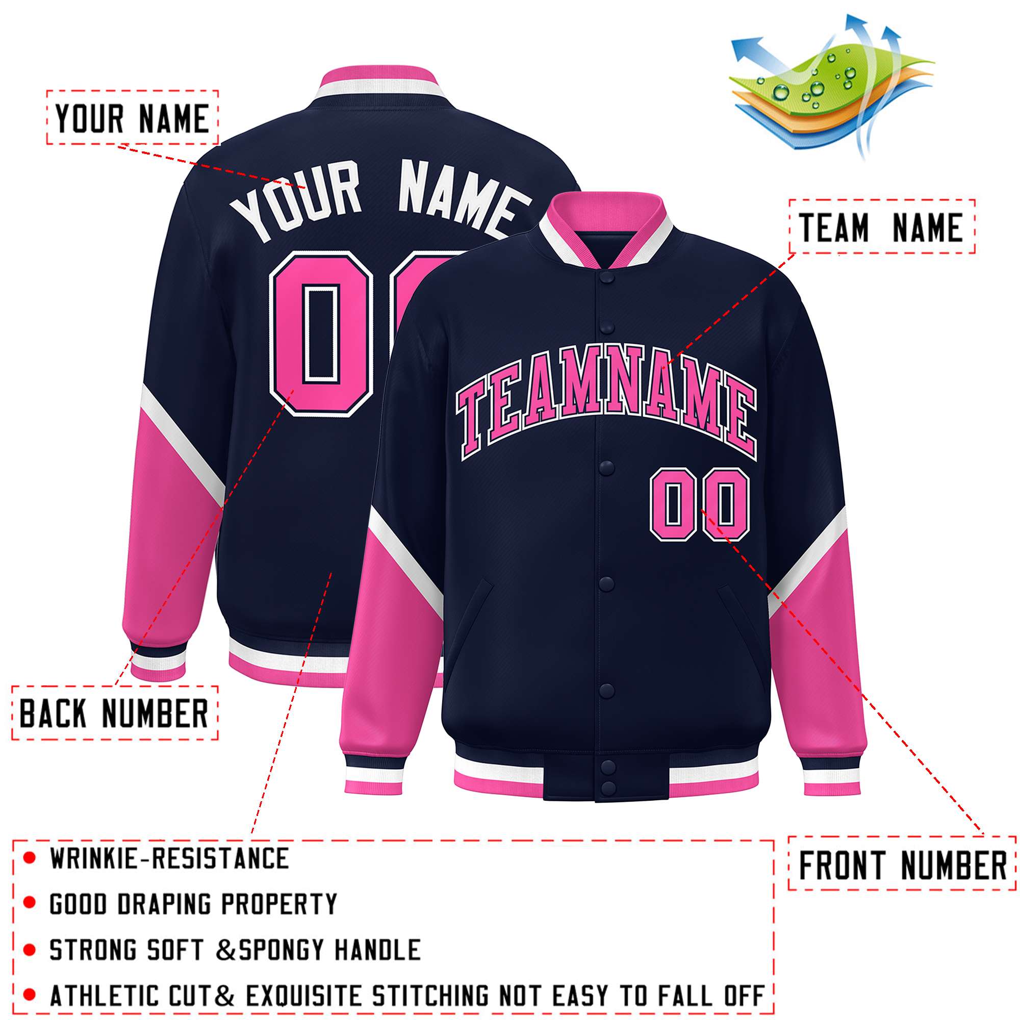 Custom Navy Pink Varsity Full-Snap Color Block Letterman Baseball Jacket