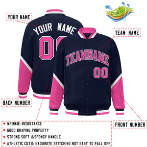 Custom Navy Pink Varsity Full-Snap Color Block Letterman Baseball Jacket