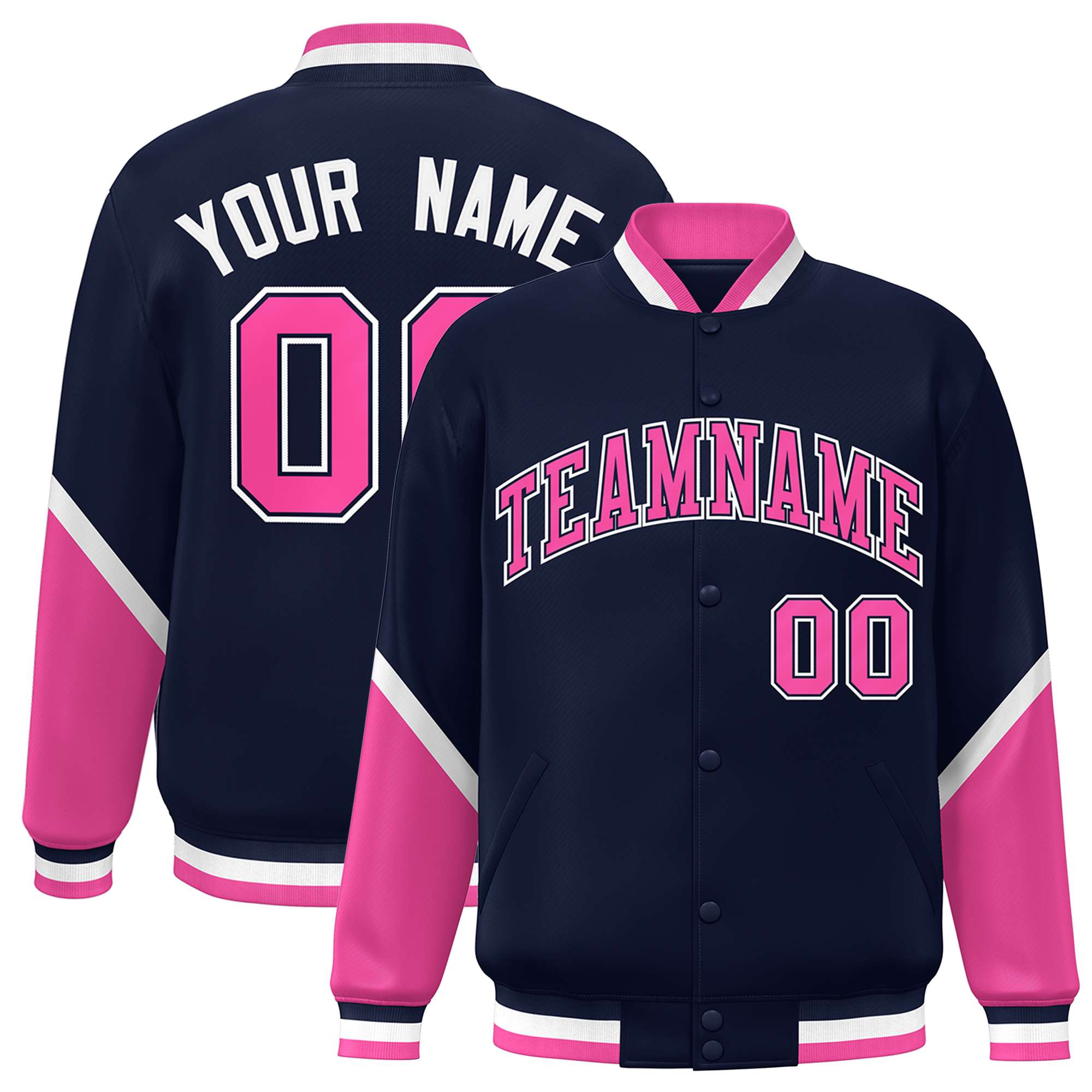 Custom Navy Pink Varsity Full-Snap Color Block Letterman Baseball Jacket