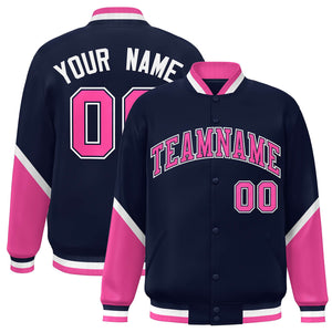 Custom Navy Pink Varsity Full-Snap Color Block Letterman Baseball Jacket