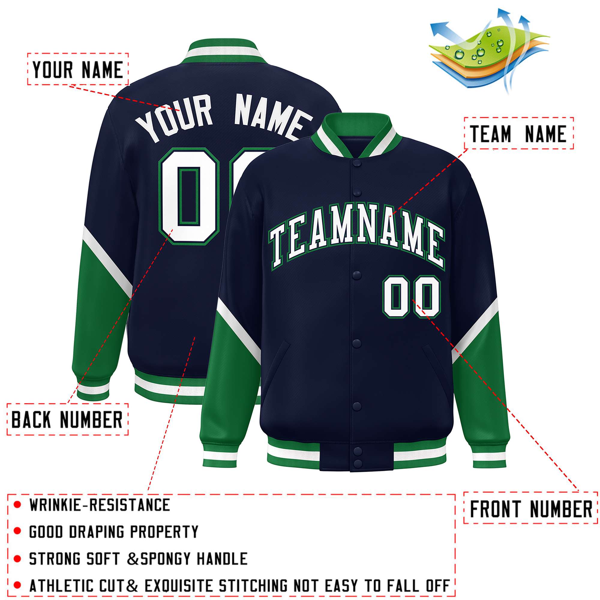 Custom Navy Kelly Green Varsity Full-Snap Color Block Letterman Baseball Jacket