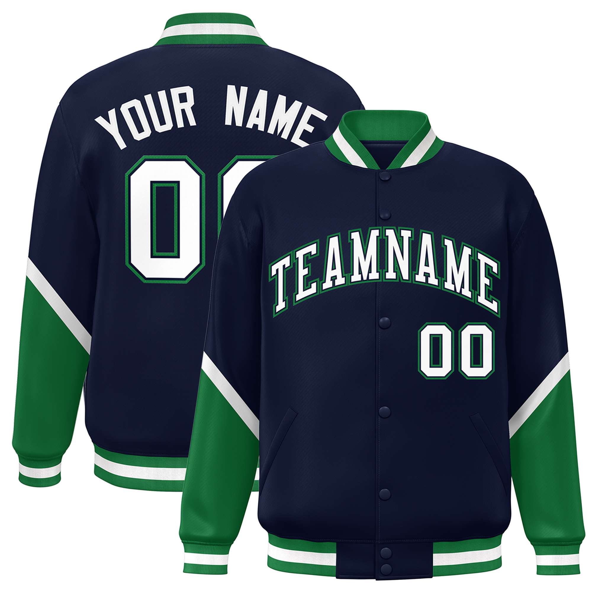 Custom Navy Kelly Green Varsity Full-Snap Color Block Letterman Baseball Jacket