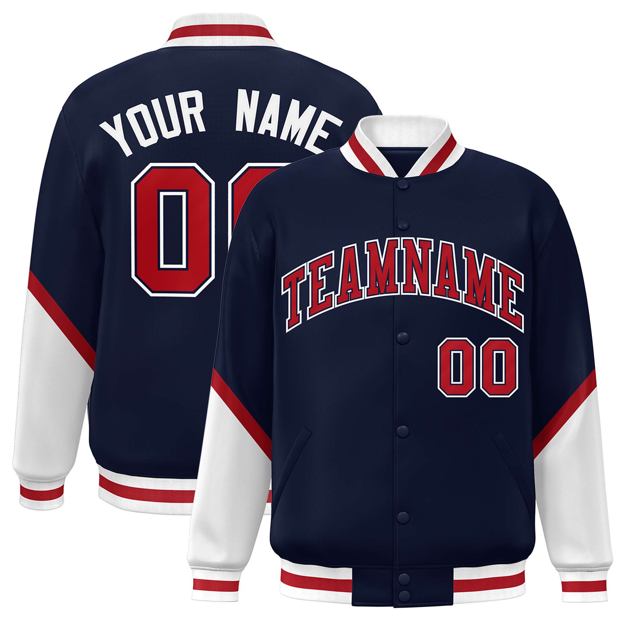 Custom Navy White Varsity Full-Snap Color Block Letterman Baseball Jacket