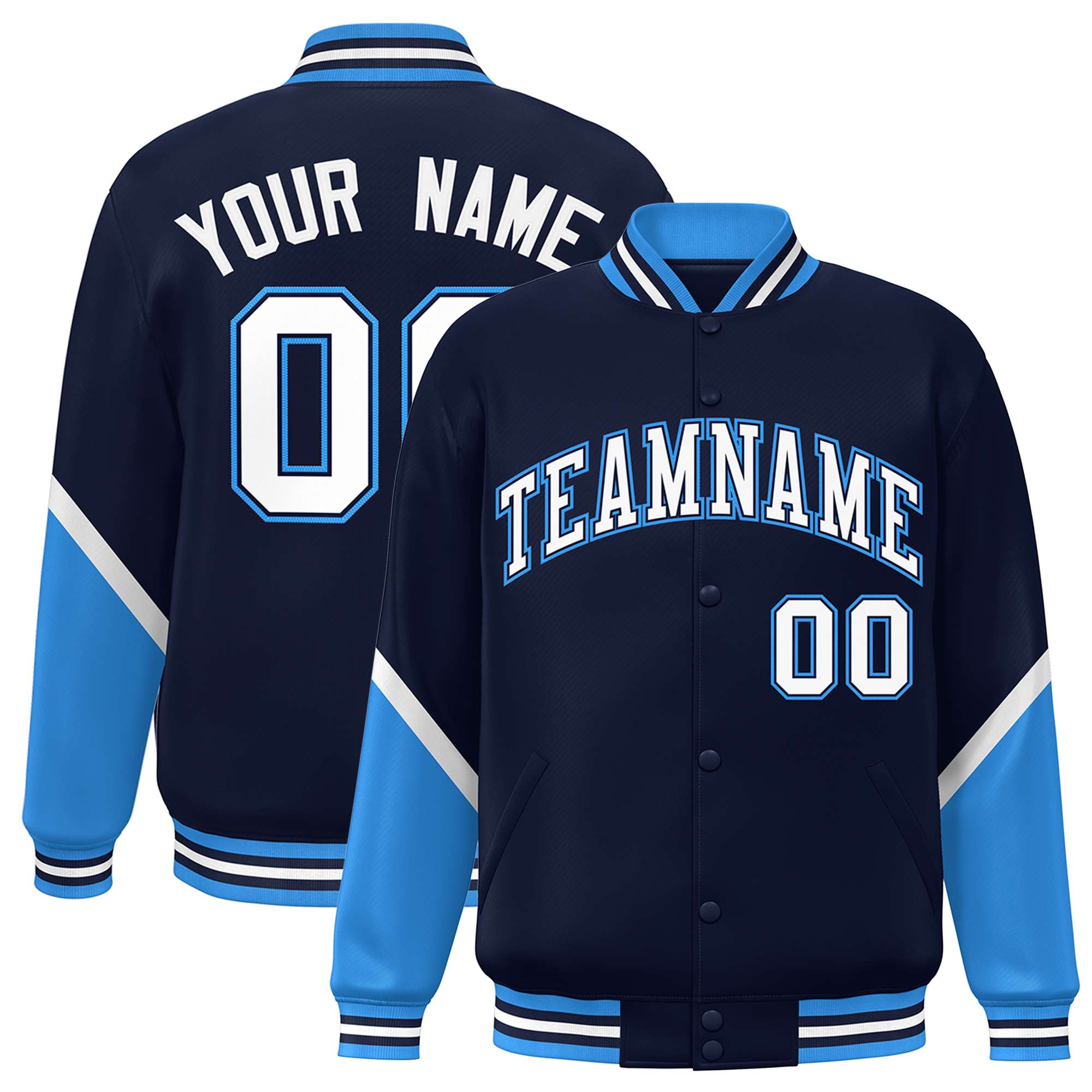 Custom Navy Powder Blue Varsity Full-Snap Color Block Letterman Baseball Jacket