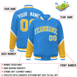 Custom Powder Blue Gold Varsity Full-Snap Color Block Letterman Baseball Jacket