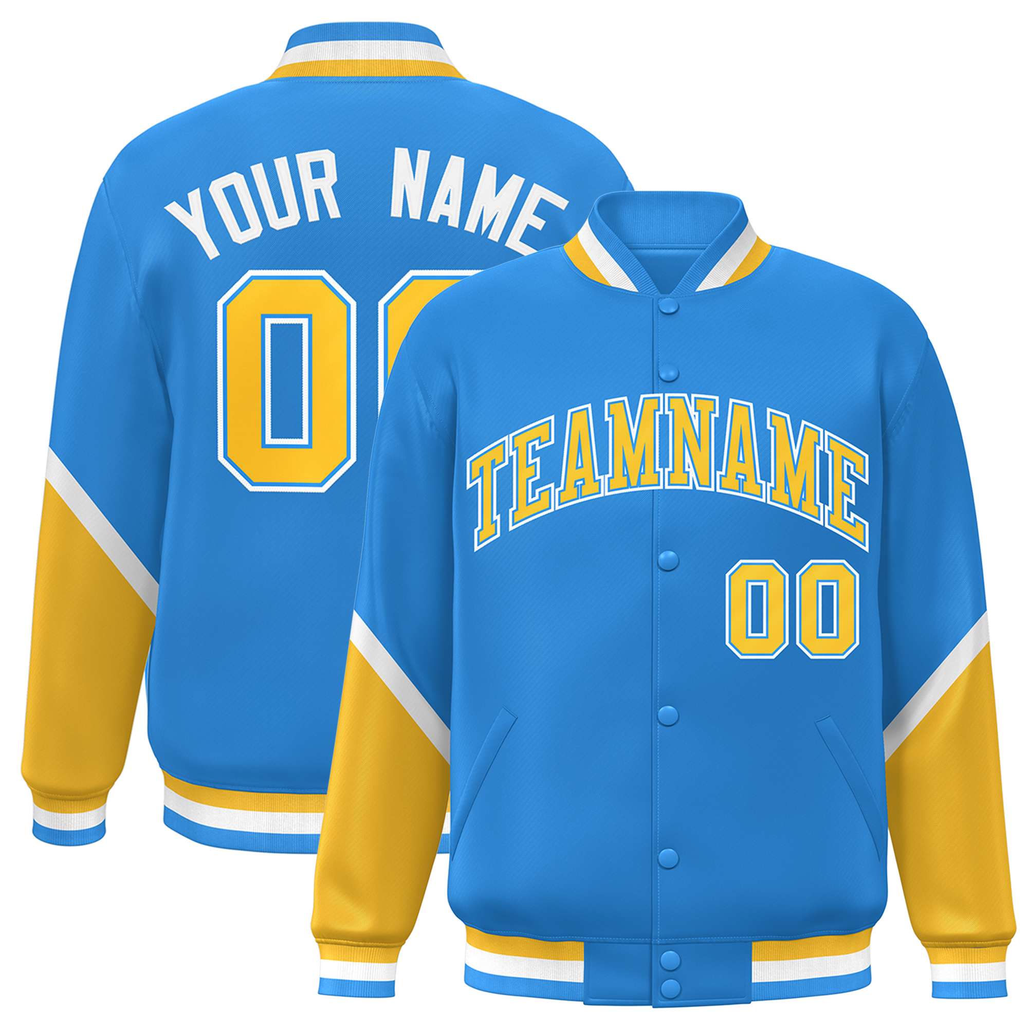 Custom Powder Blue Gold Varsity Full-Snap Color Block Letterman Baseball Jacket