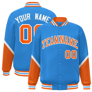 Custom Powder Blue Orange Varsity Full-Snap Color Block Letterman Baseball Jacket