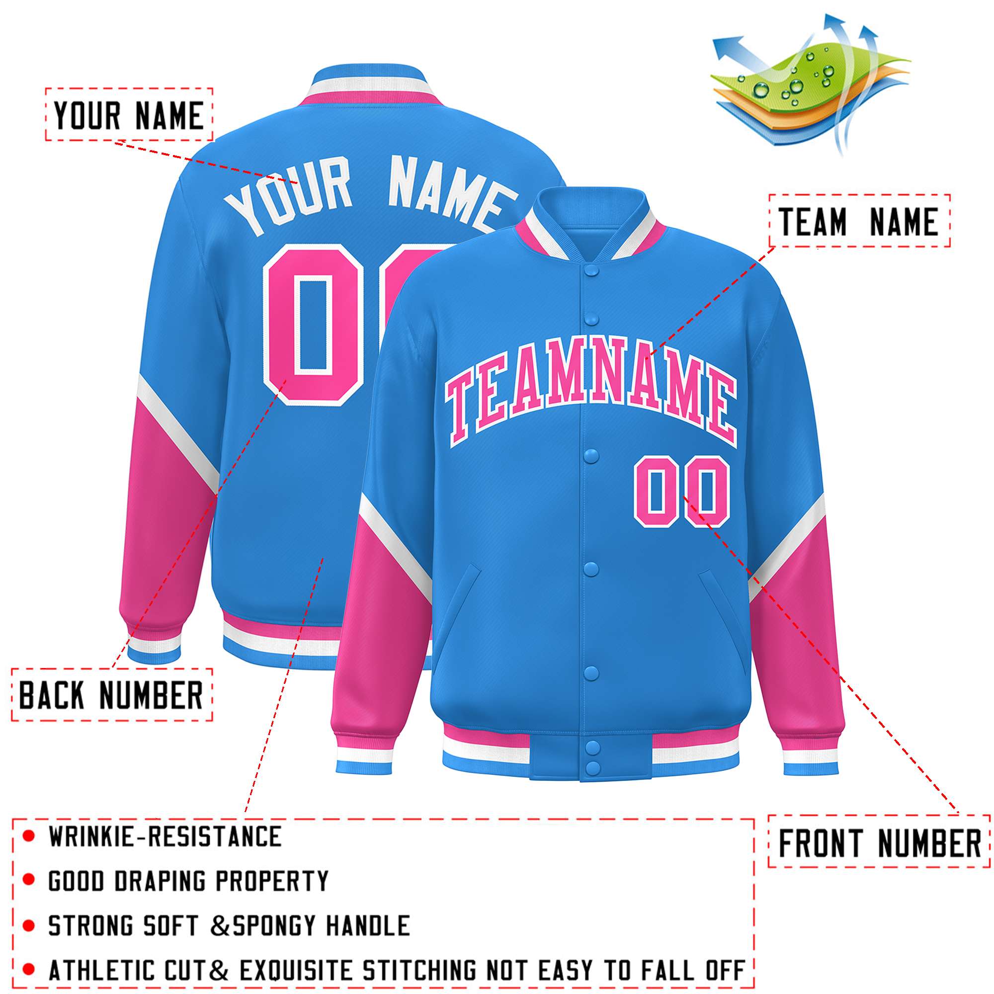 Custom Powder Blue Pink Varsity Full-Snap Color Block Letterman Baseball Jacket