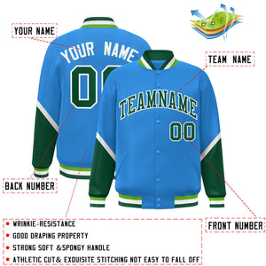 Custom Powder Blue Green Varsity Full-Snap Color Block Letterman Baseball Jacket