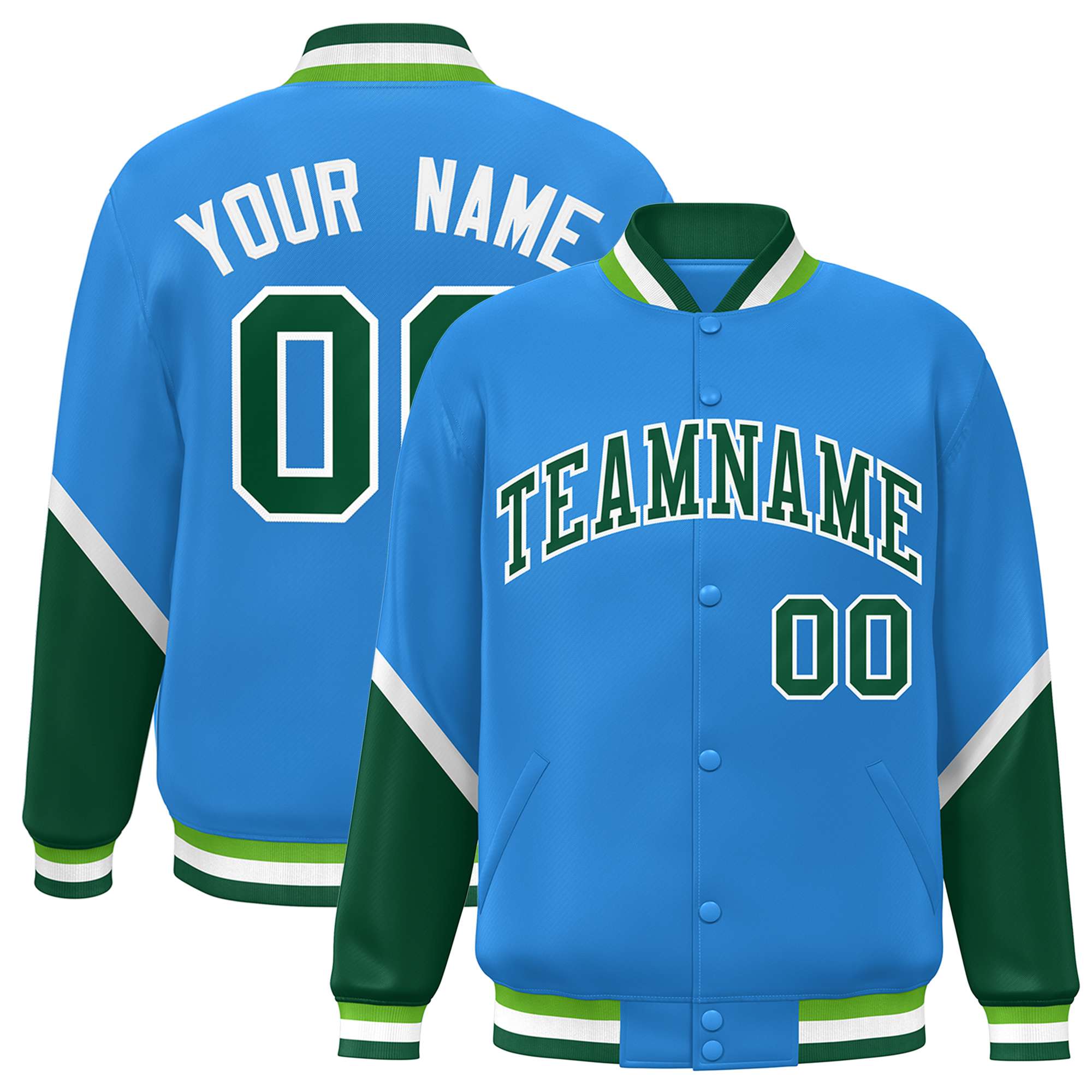 Custom Powder Blue Green Varsity Full-Snap Color Block Letterman Baseball Jacket