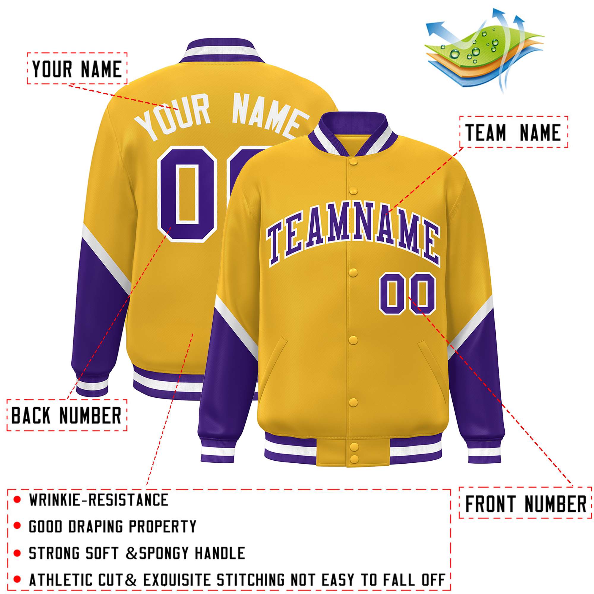 Custom Gold Purple Varsity Full-Snap Color Block Letterman Baseball Jacket